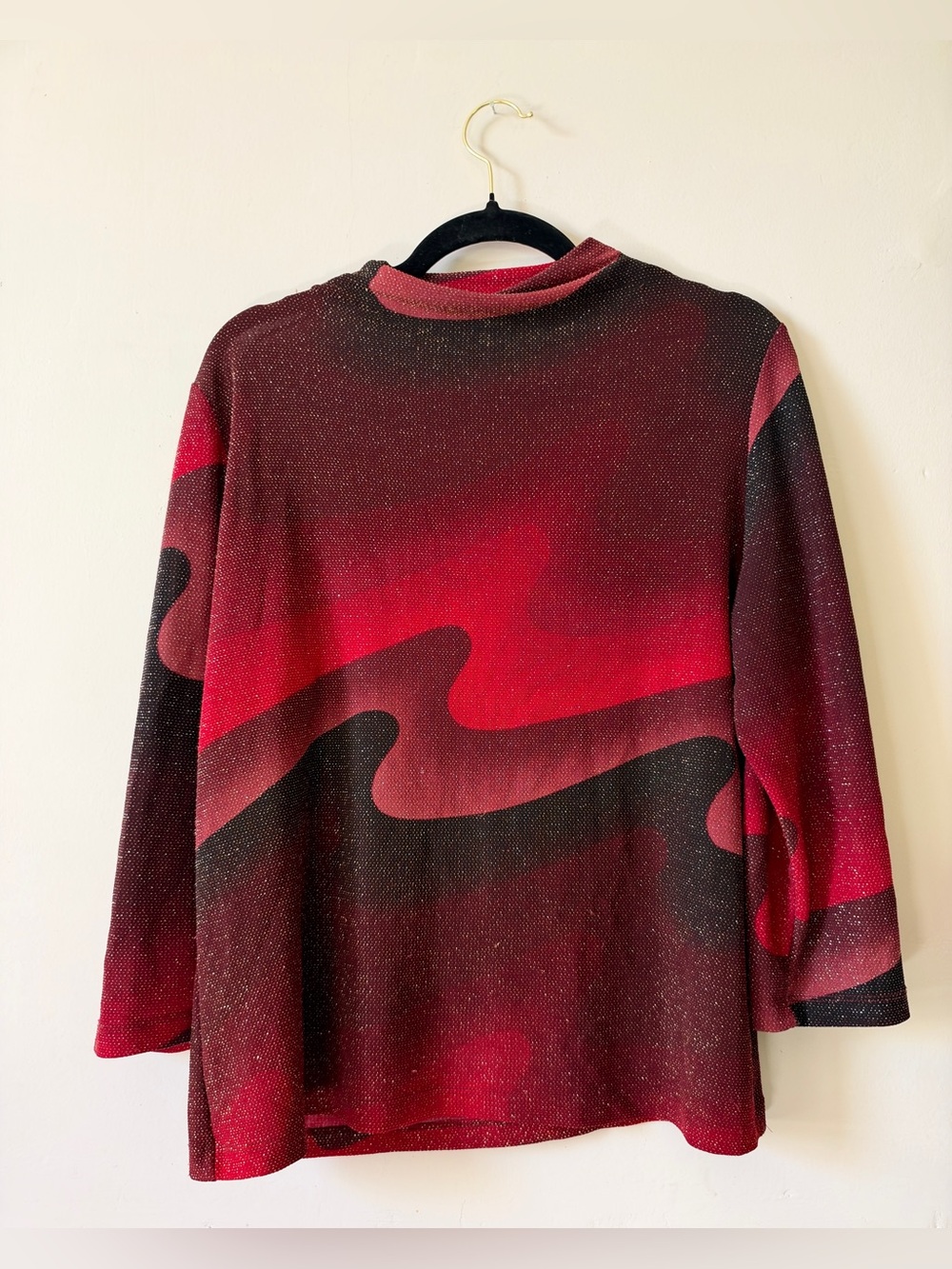Y2K Fashion Bug Metallic Mock Neck Top Red Black Abstract Wave Print Sparkle